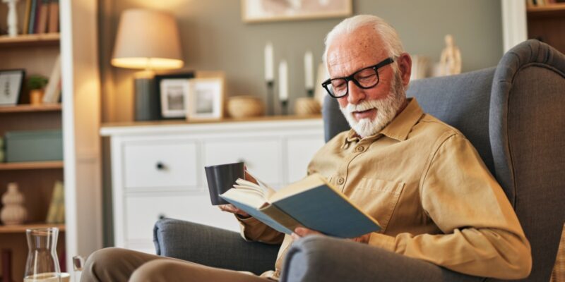 A senior reads a novel while sitting in an armchair in a senior living community
