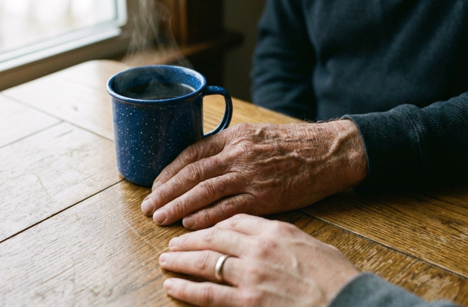 Two hands rest on a wooden table beside a blue speckled mug with steam rising from it.