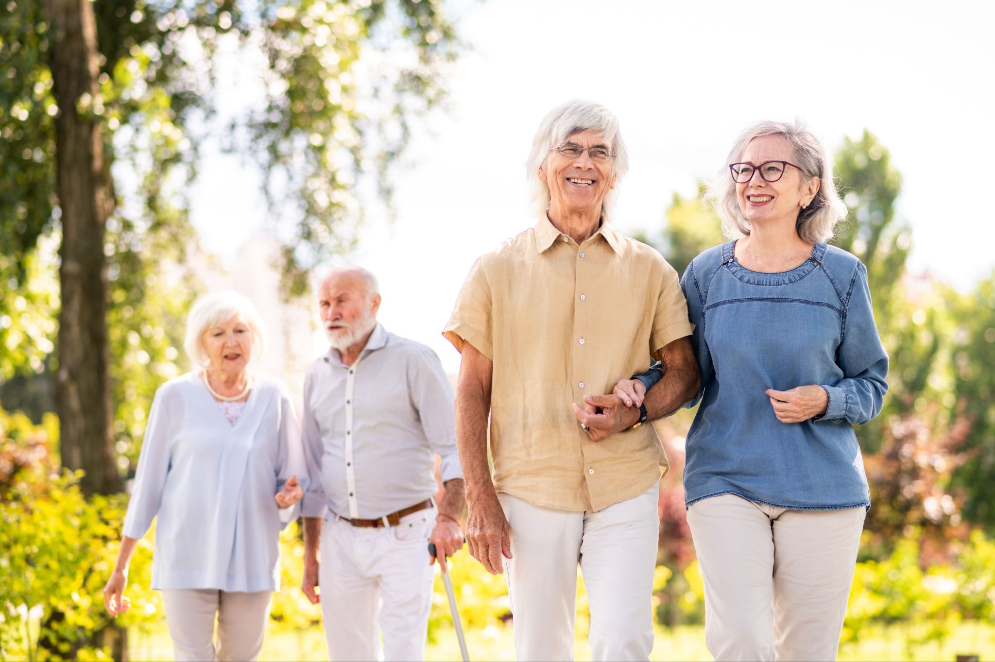 Smiling elderly couple walking outdoors hand in hand, with a park in the background and others strolling behind them